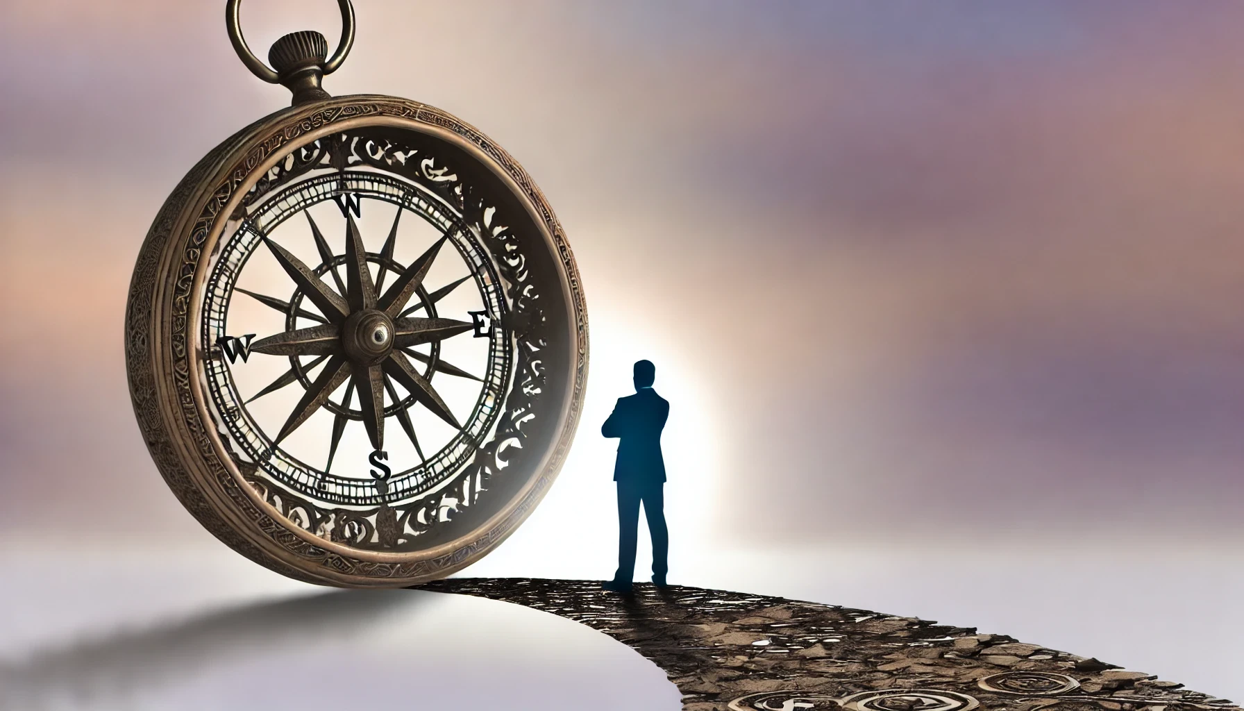 Blog cover image featuring a large, intricate compass in the foreground, pointing towards a path leading to a confident coach's silhouette against a dawn sky, symbolizing guidance and new beginnings in professional development.