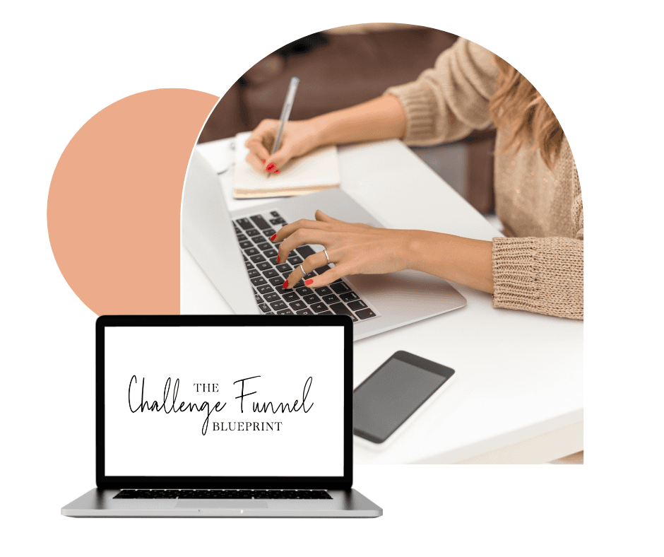 A person types on a laptop while taking notes in a notebook on a sleek white desk, accompanied by a smartphone, with a screen displaying "The Challenge Funnel Blueprint" on another laptop in the foreground.
