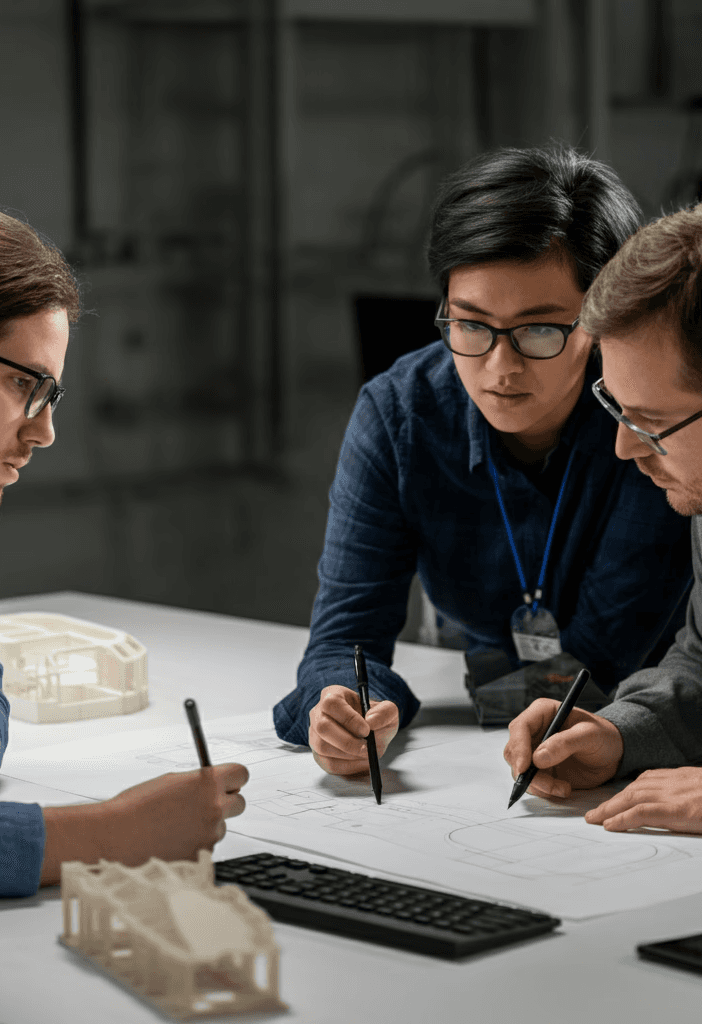 same group drawing a technical design and looking on a 3d printed sls prototype