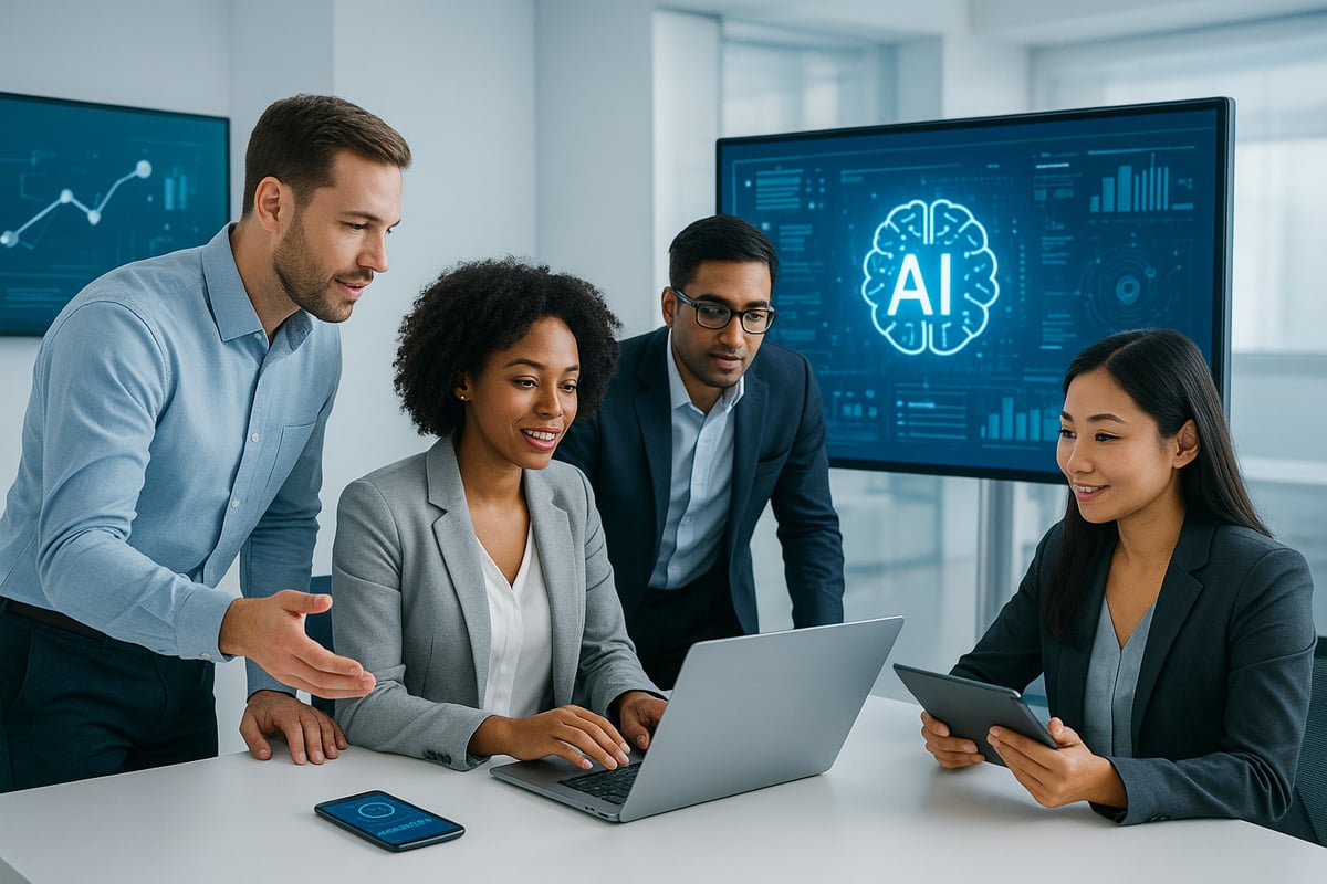 A group of professionals gathered around a laptop and tablet, collaborating in a modern office with an AI-themed display on the screen behind them.