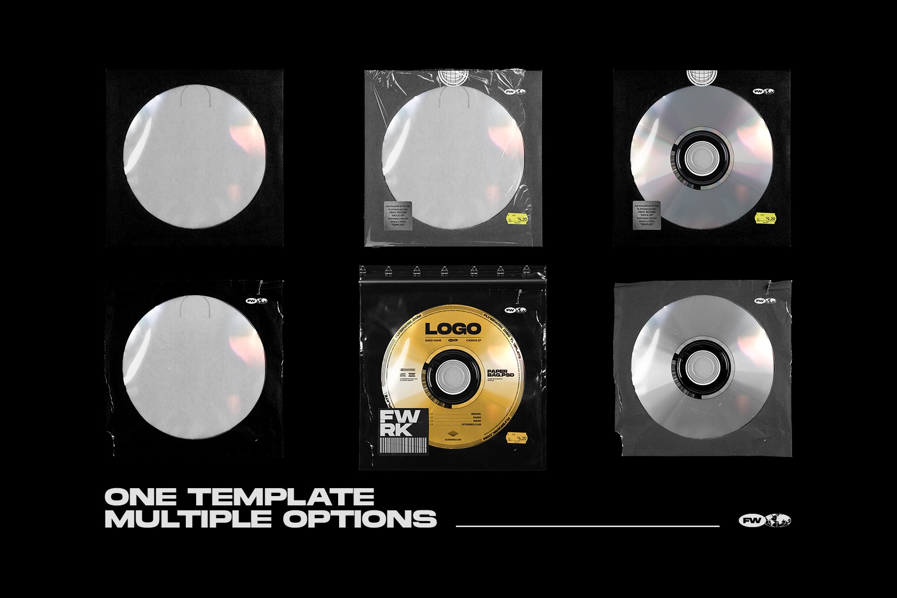 CD paper bag mockup showing multiple sleeve layouts with disc variations