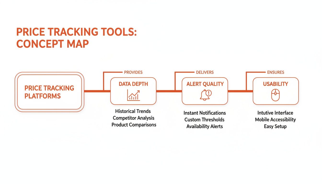 Concept map illustrating price tracking tools, platforms, data depth, alert quality, and usability features.