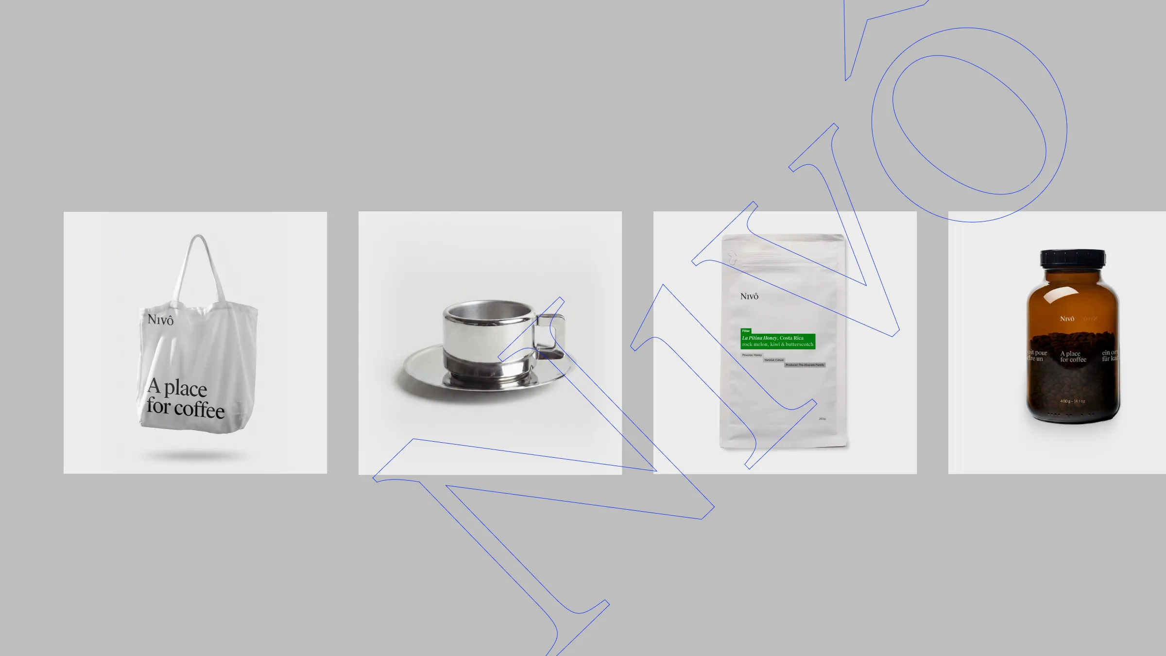 Nivô brand identity applied to a tote bag, espresso cup, coffee packaging and refill jar