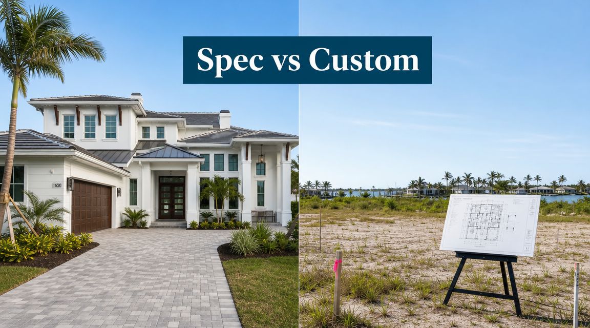 two views of a lot in Florida with one having a large home and the other showing a blueprint