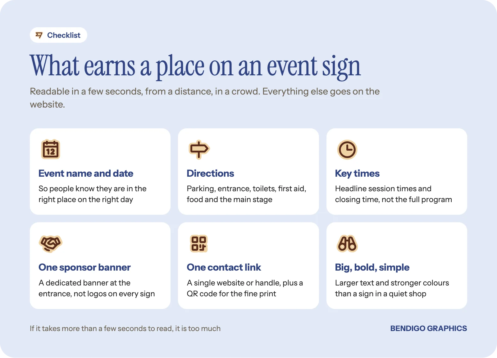 Checklist of what to put on event signage: event name and date, direction arrows, key times, a sponsor banner, one contact link and big simple text