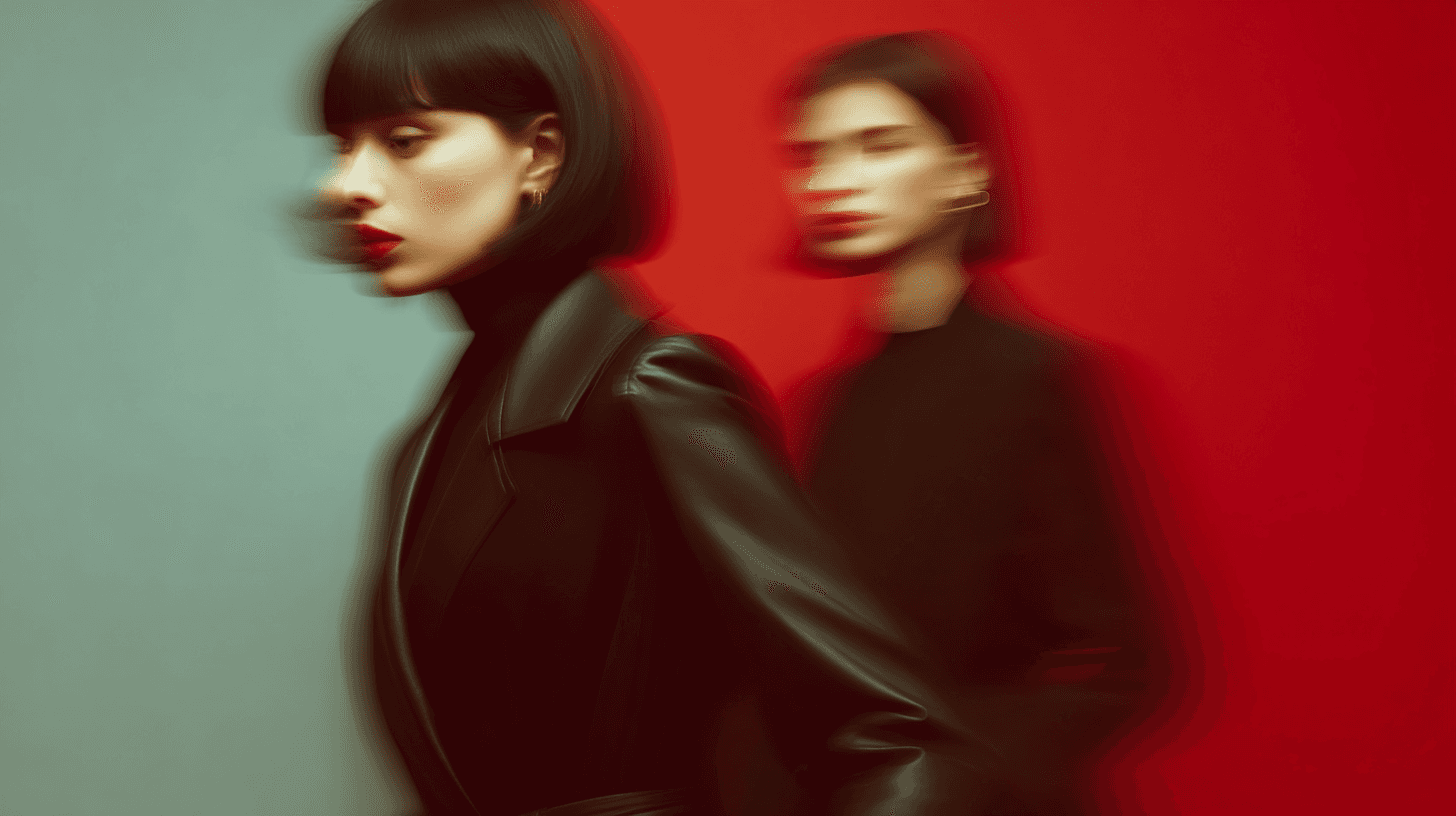 Artistic portrait with red and blue lighting creating a dramatic effect