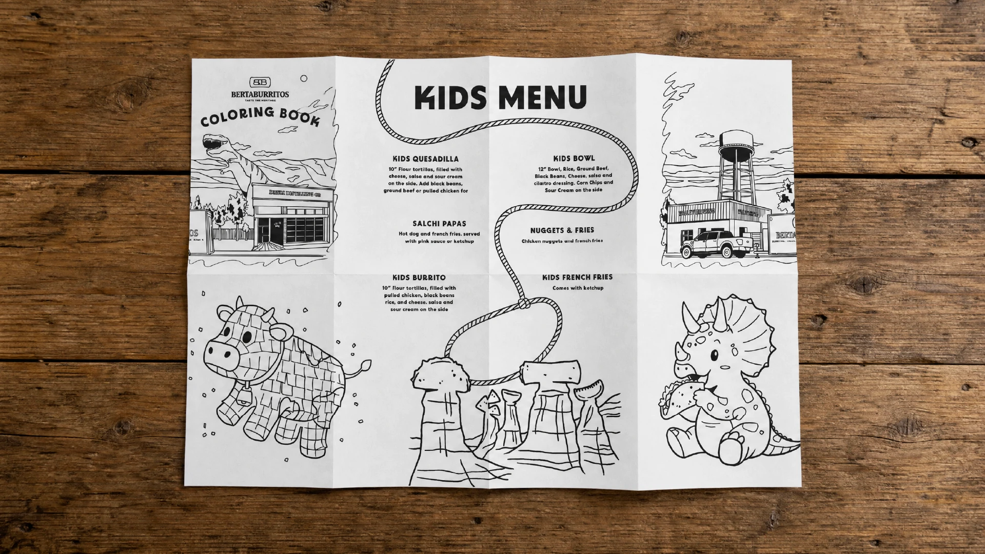 BertaBurritos kids menu designed as an illustrated map fold with colouring activities