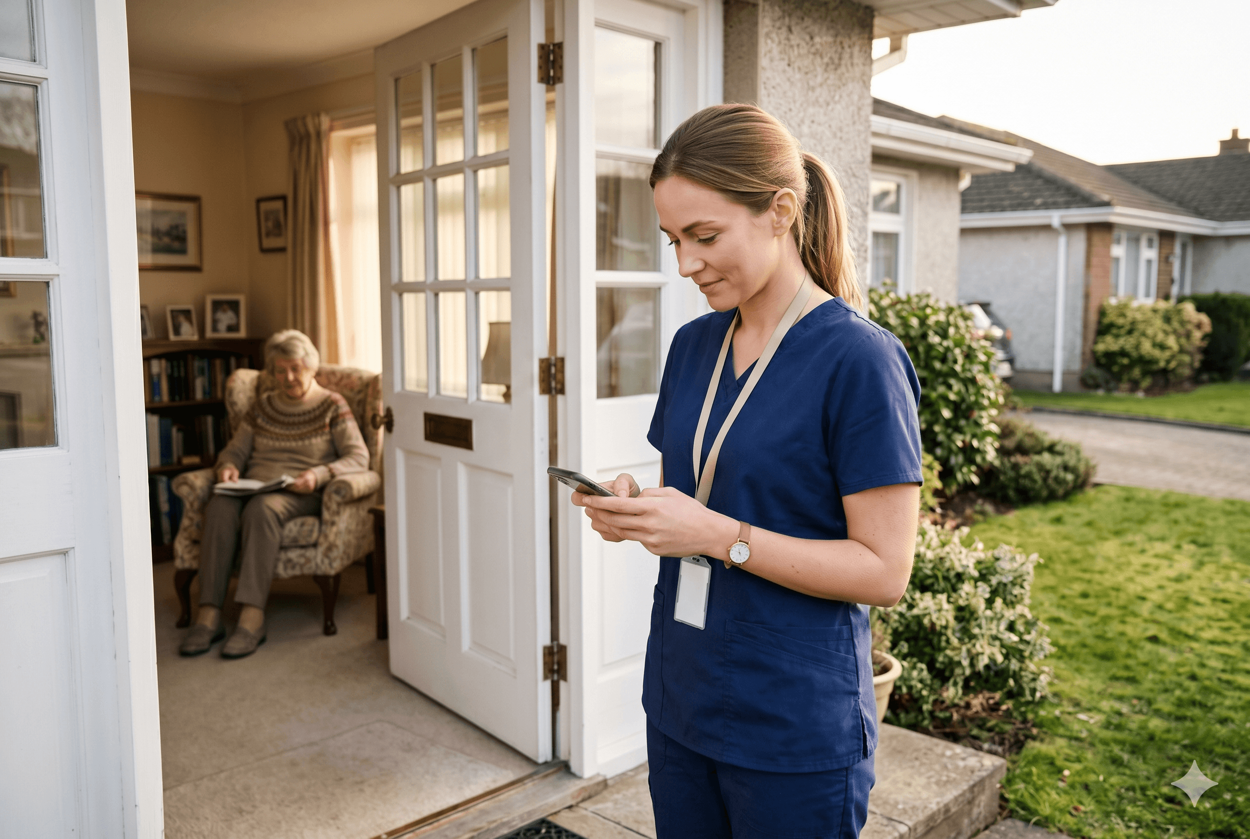 Caregiver clocking in via EVV mobile app at client home