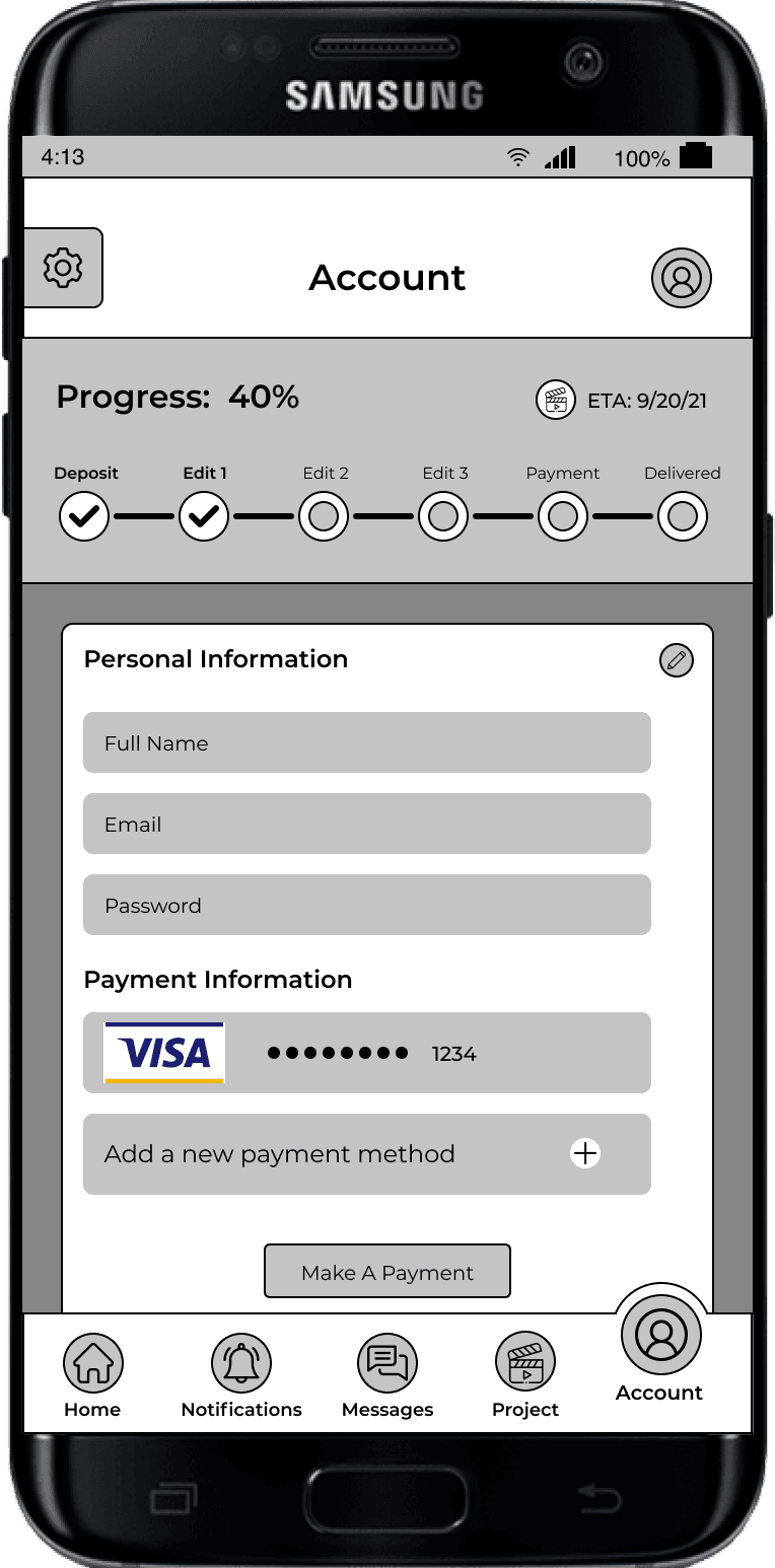 A wireframe of a media production app's user account screen