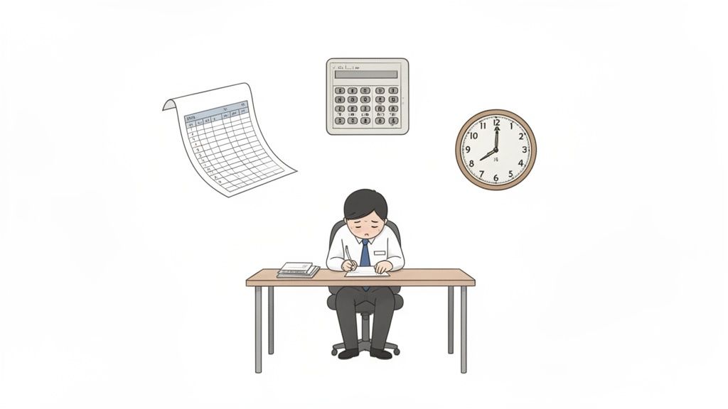 Stressed office worker at desk with attendance sheet, calculator, and clock, representing tracking.