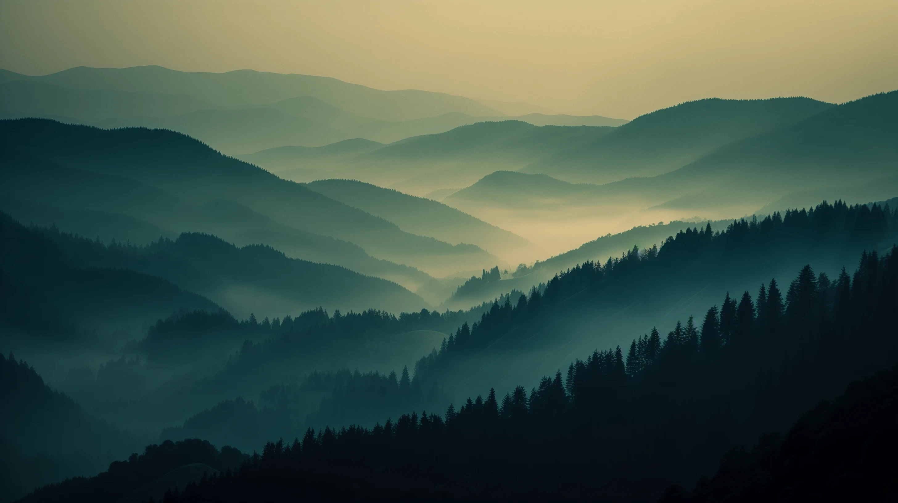 Layered Carpathian ridges at dusk