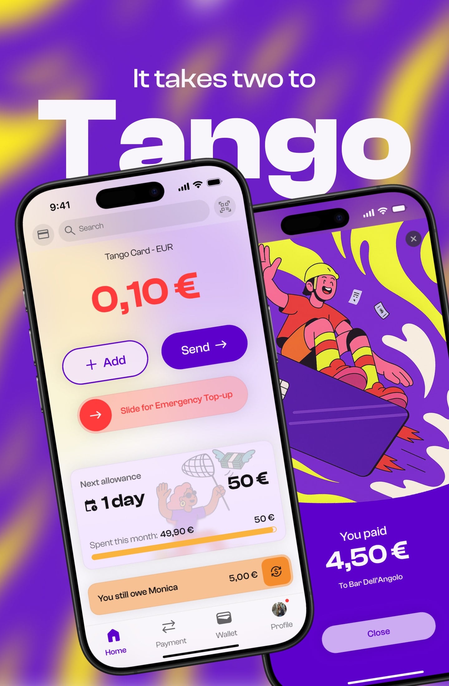 Two iPhones displaying the Tango card app: the home screen and a successful payment screen.