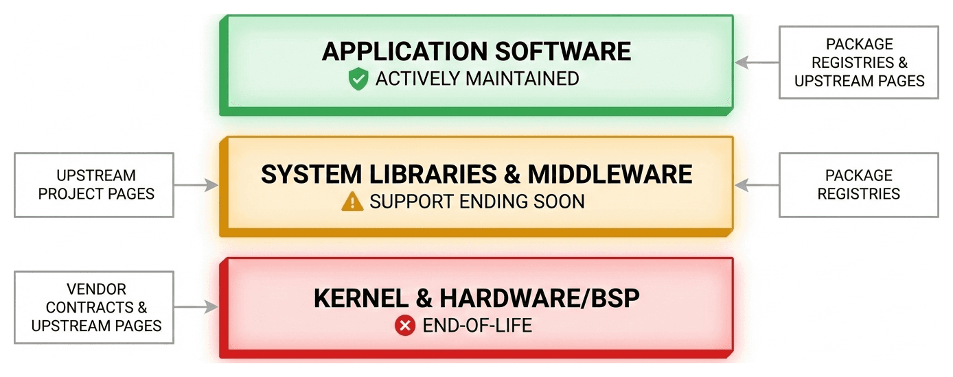 Layered diagram of an embedded medical device software stack with color-coded support status