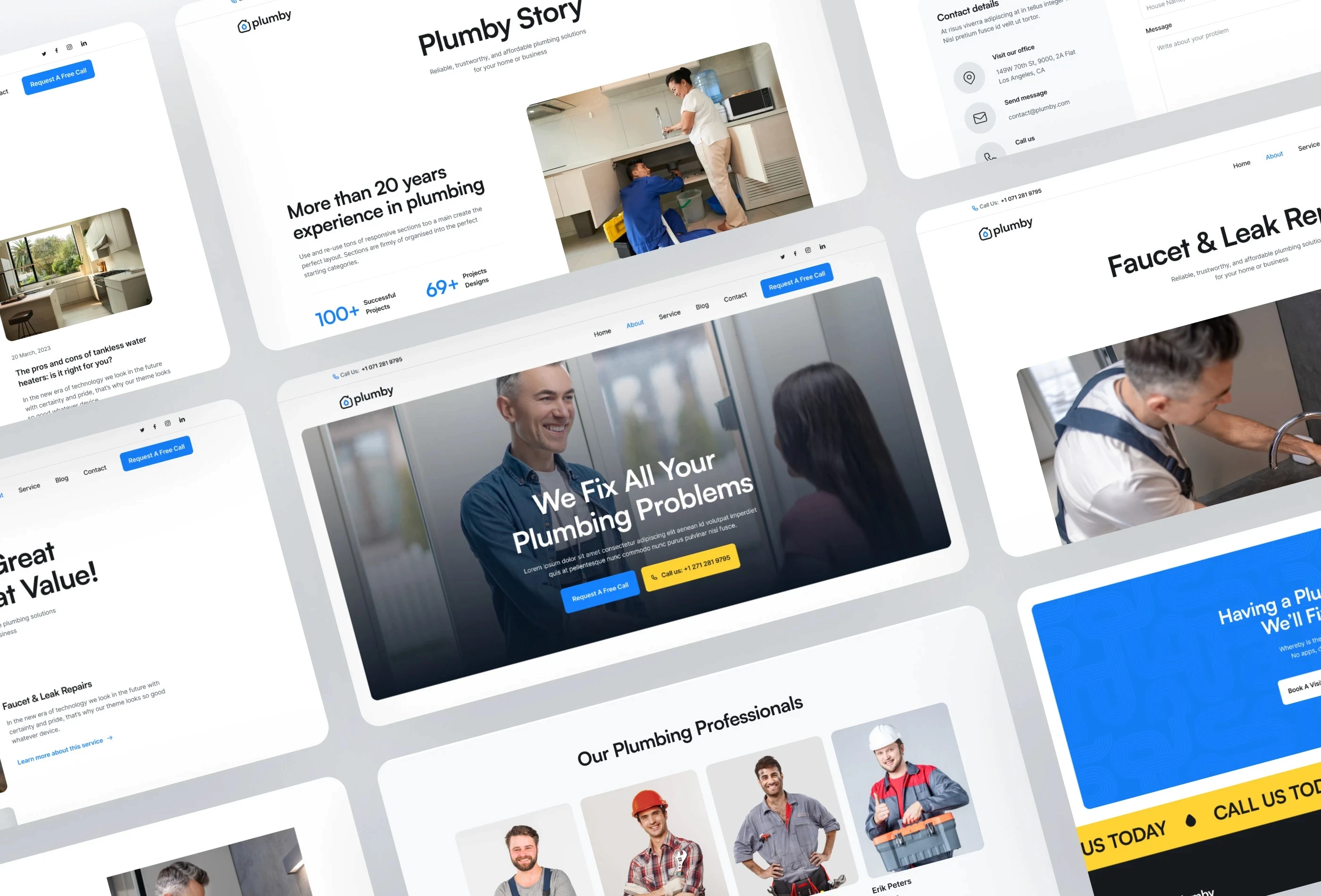 Plumby plumbing website design featuring blue UI, team profiles, and service pages.