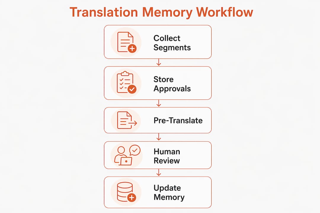 Infographic showing translation memory workflow steps