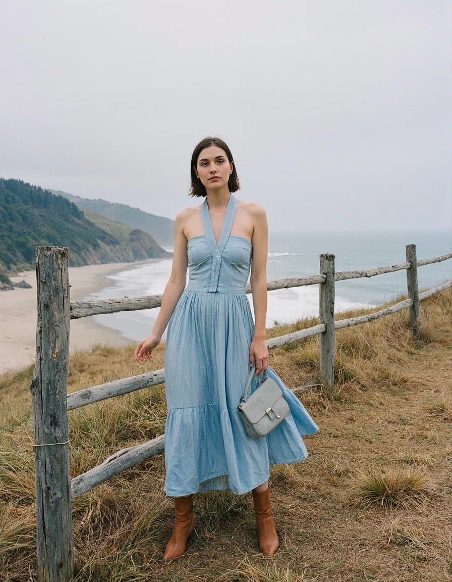 Ethereal coastal fashion scene with light blue halter dress against misty shoreline, wooden fence in foreground, ocean backdrop