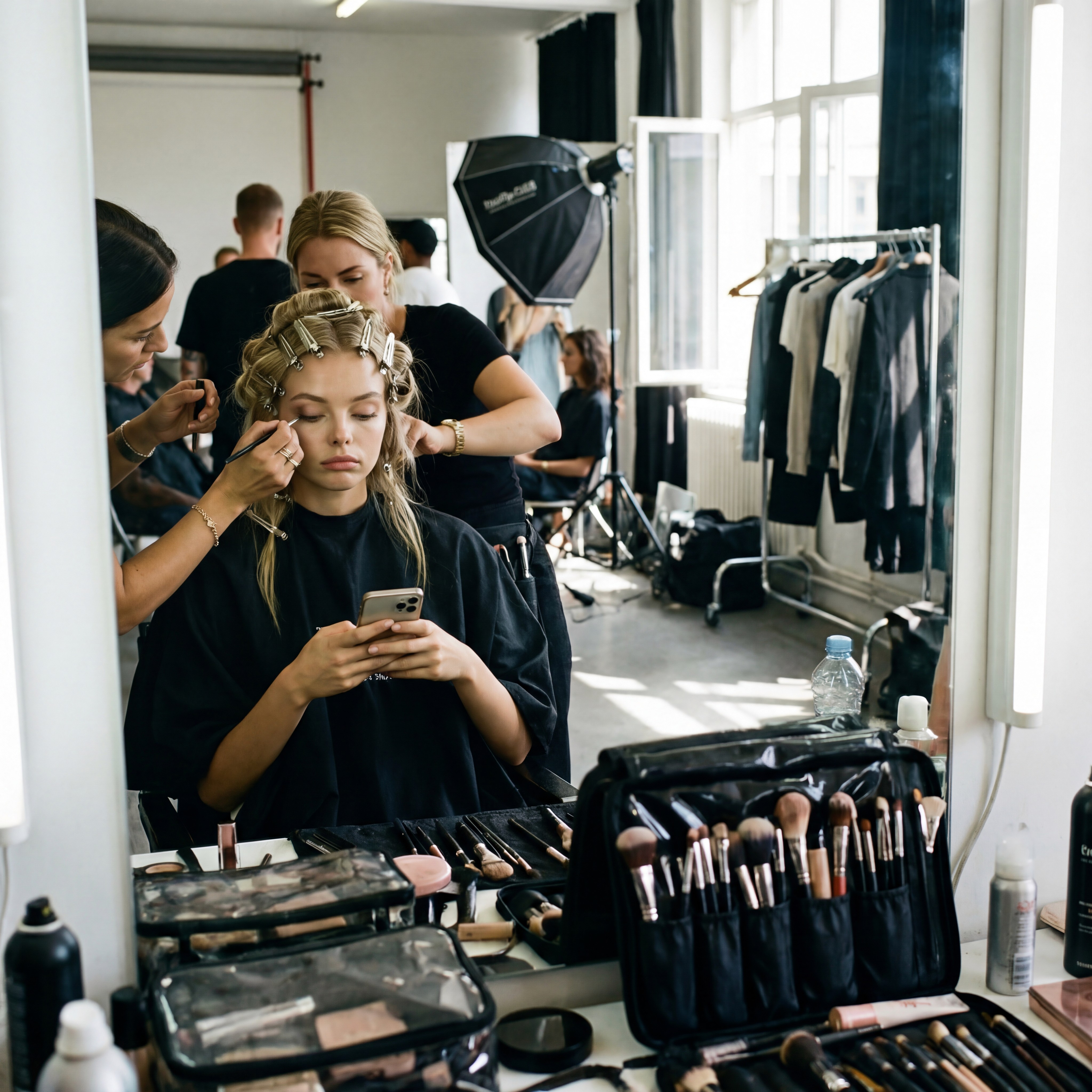 Synthetic Luna concept depicting a makeup preparation scene; not documentary backstage footage