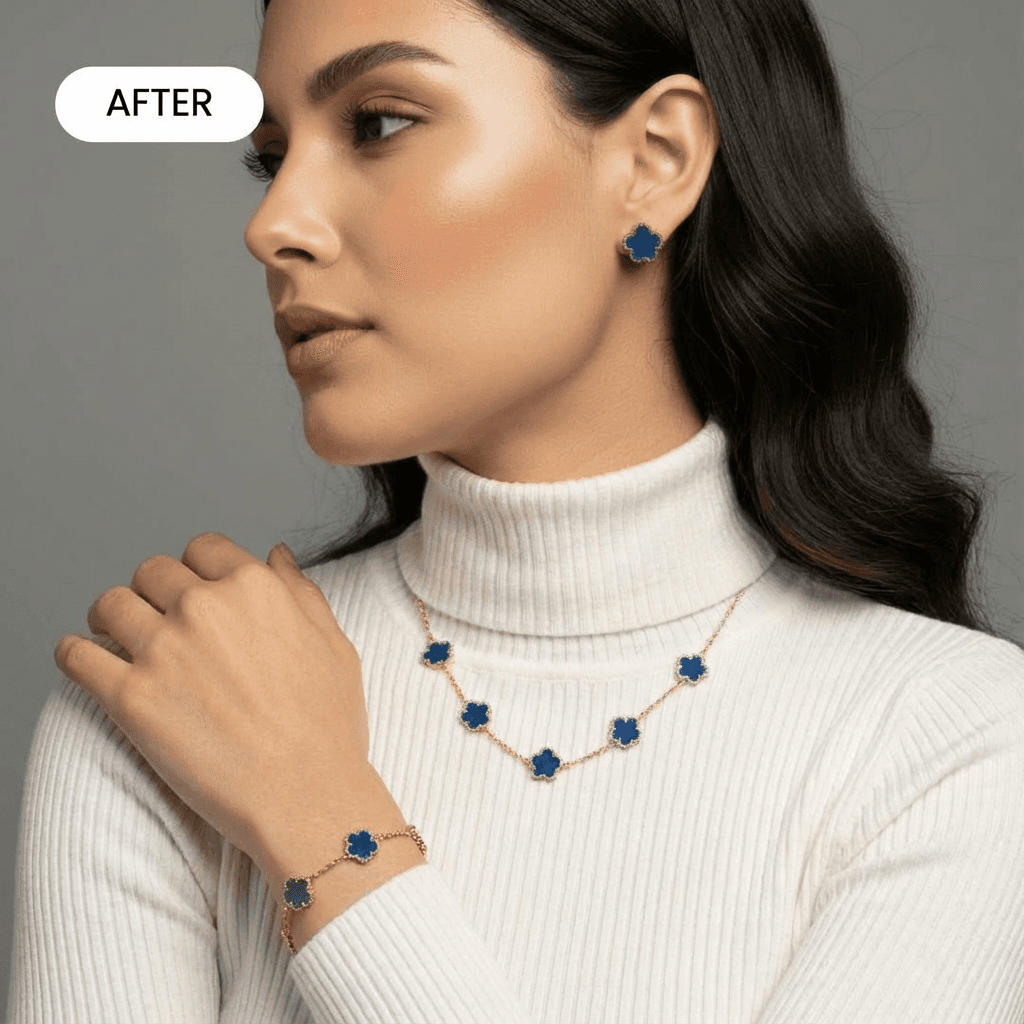 Close-up of the AI model wearing the jewellery set
