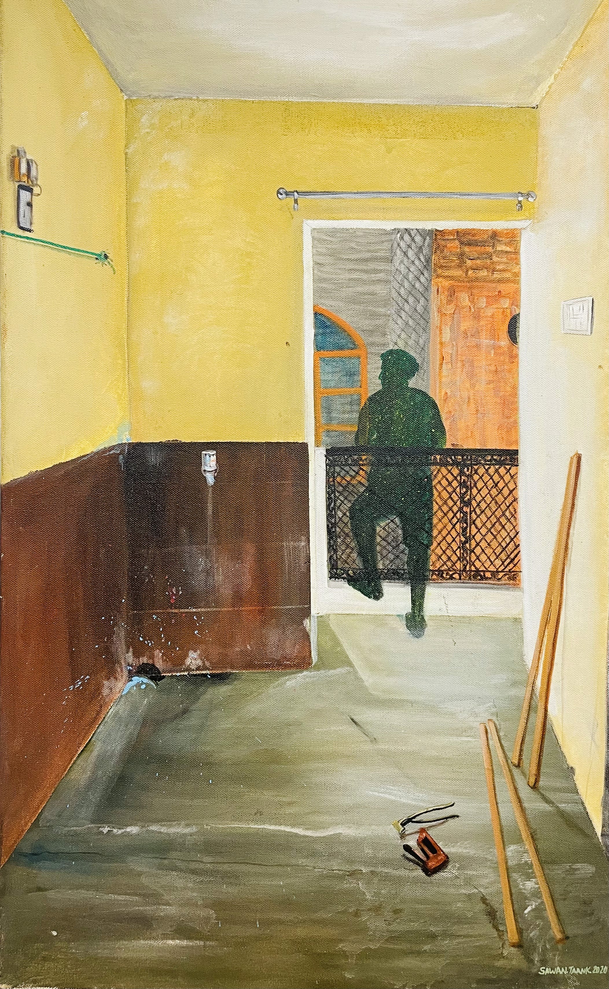 herd of sheep on road painting