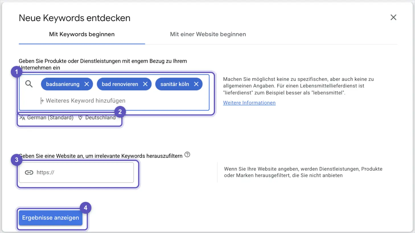 Eingabemaske Mit Keywords beginnen im Keyword-Planer mit den Startbegriffen badsanierung, bad renovieren und sanitär köln, den Einstellungen German (Standard) und Deutschland, dem Website-Feld und der Schaltfläche Ergebnisse anzeigen.