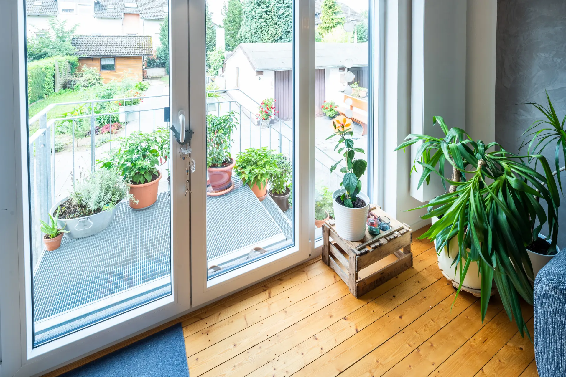 Geöffnete Terrassentür mit Holzboden, Pflanzen und Blick in den Garten