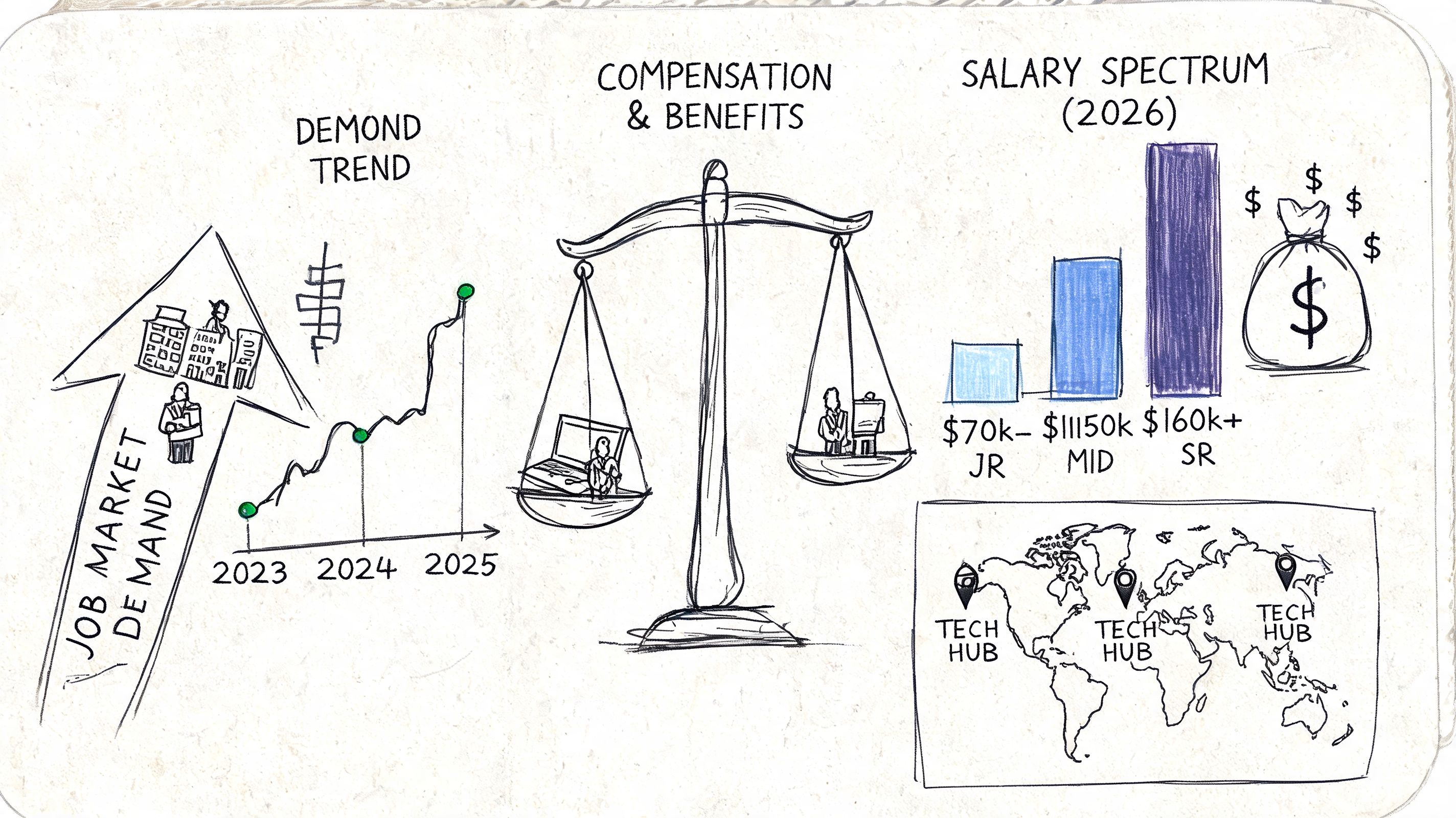 An infographic illustration showing job market demand trends, compensation scales, salary spectrum, and global tech hubs.