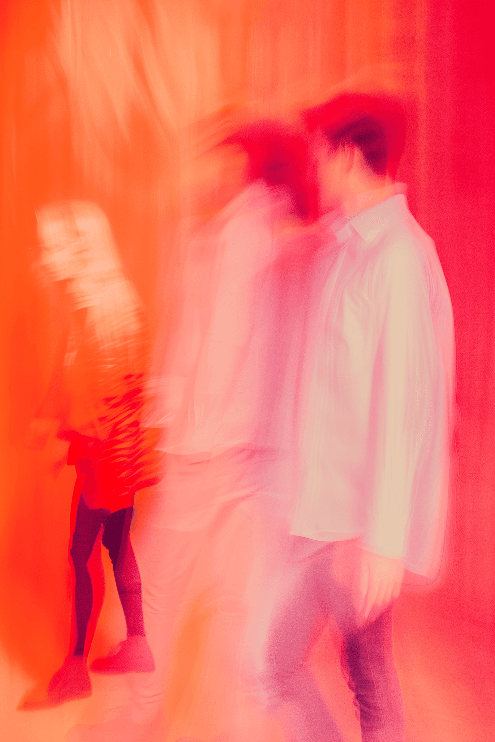 Close-up abstract shot of a performer in warm red and orange tones with blurred motion.