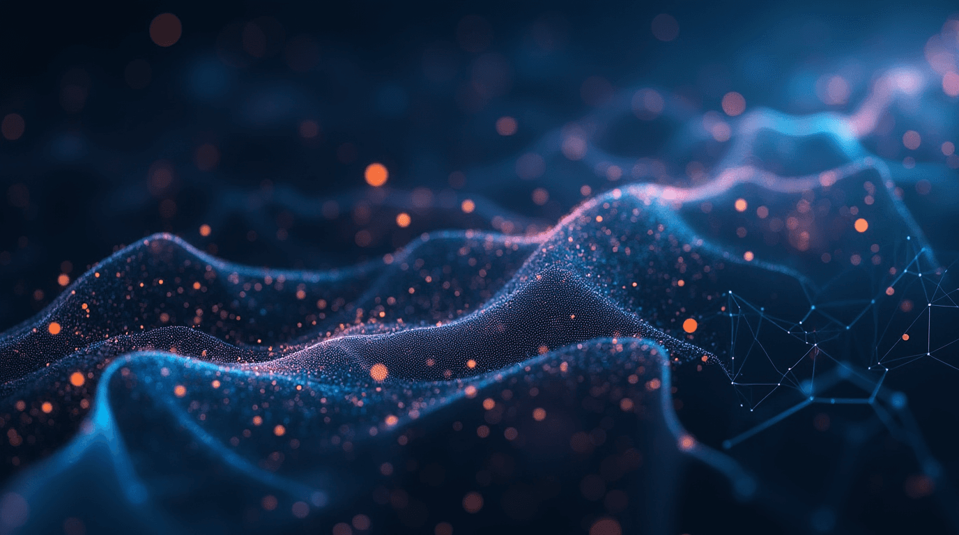  A conceptual image depicting AI's future, with interconnected blocks and a dynamic digital landscape.