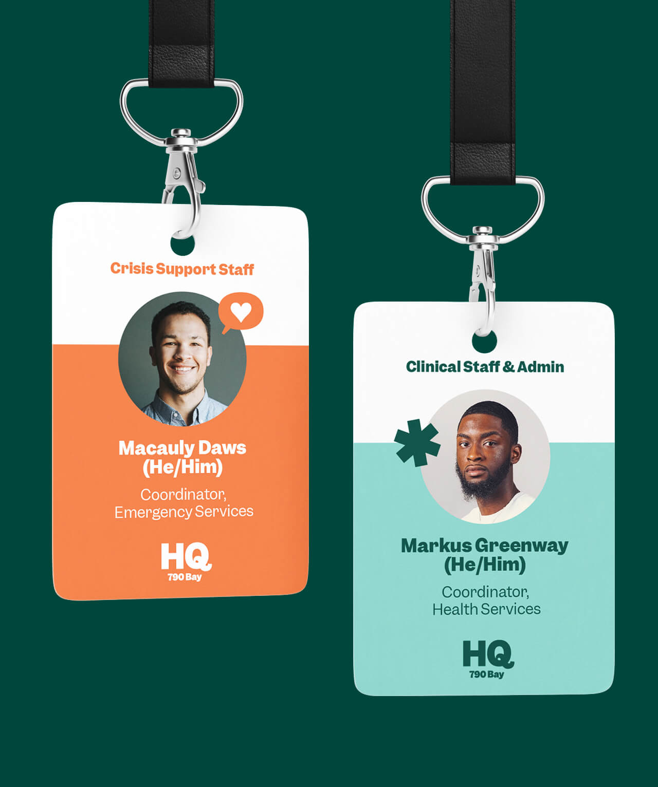 Custom lanyard designs featuring bold typography, bright colours, and portraits of staff members.