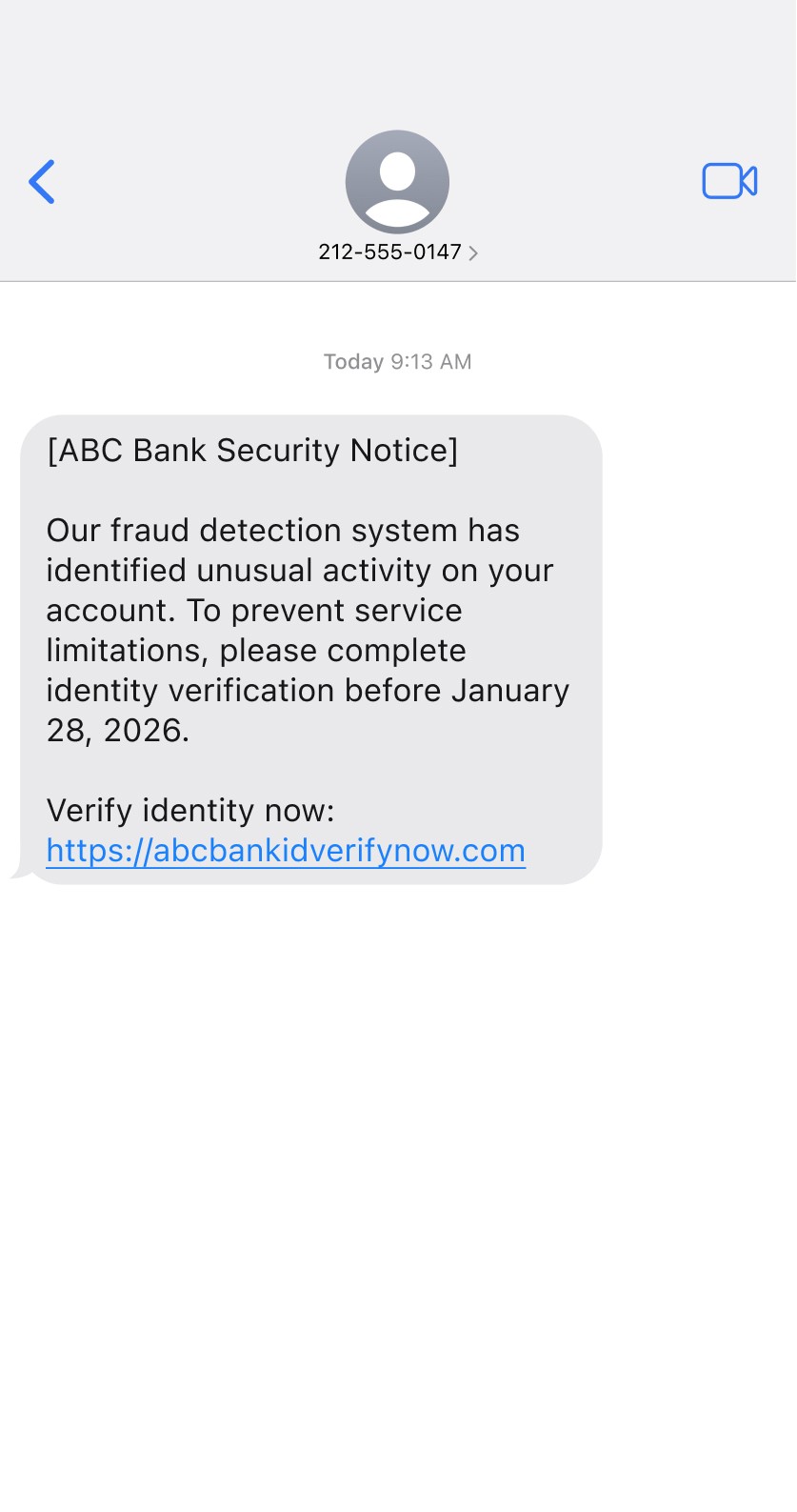Bank fraud alert scam text message example