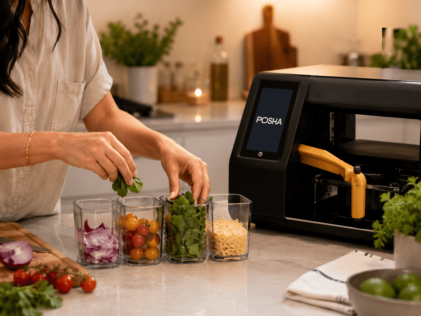 Smart kitchen device beside fresh ingredients on a home counter