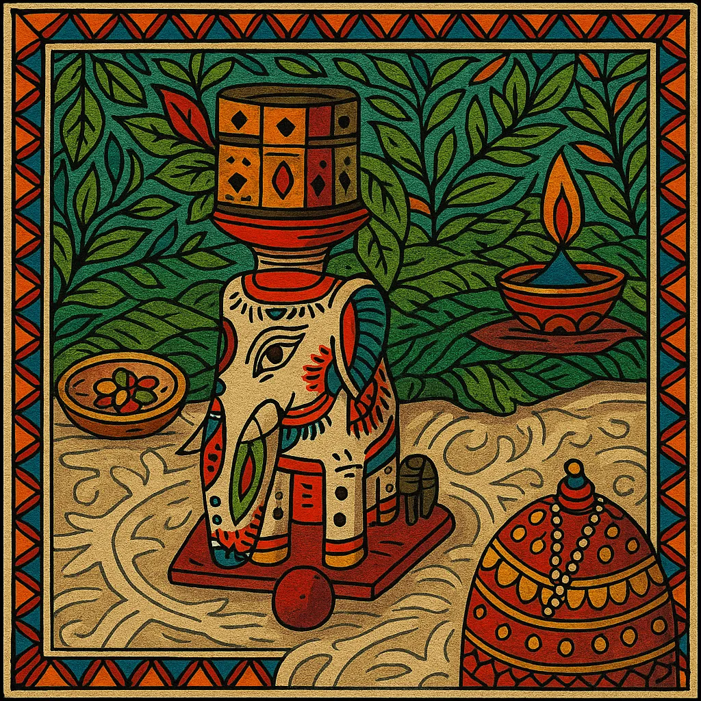 Kohber ghar, goddess is symbolized by a “betel nut” placed on the head of a clay elephant