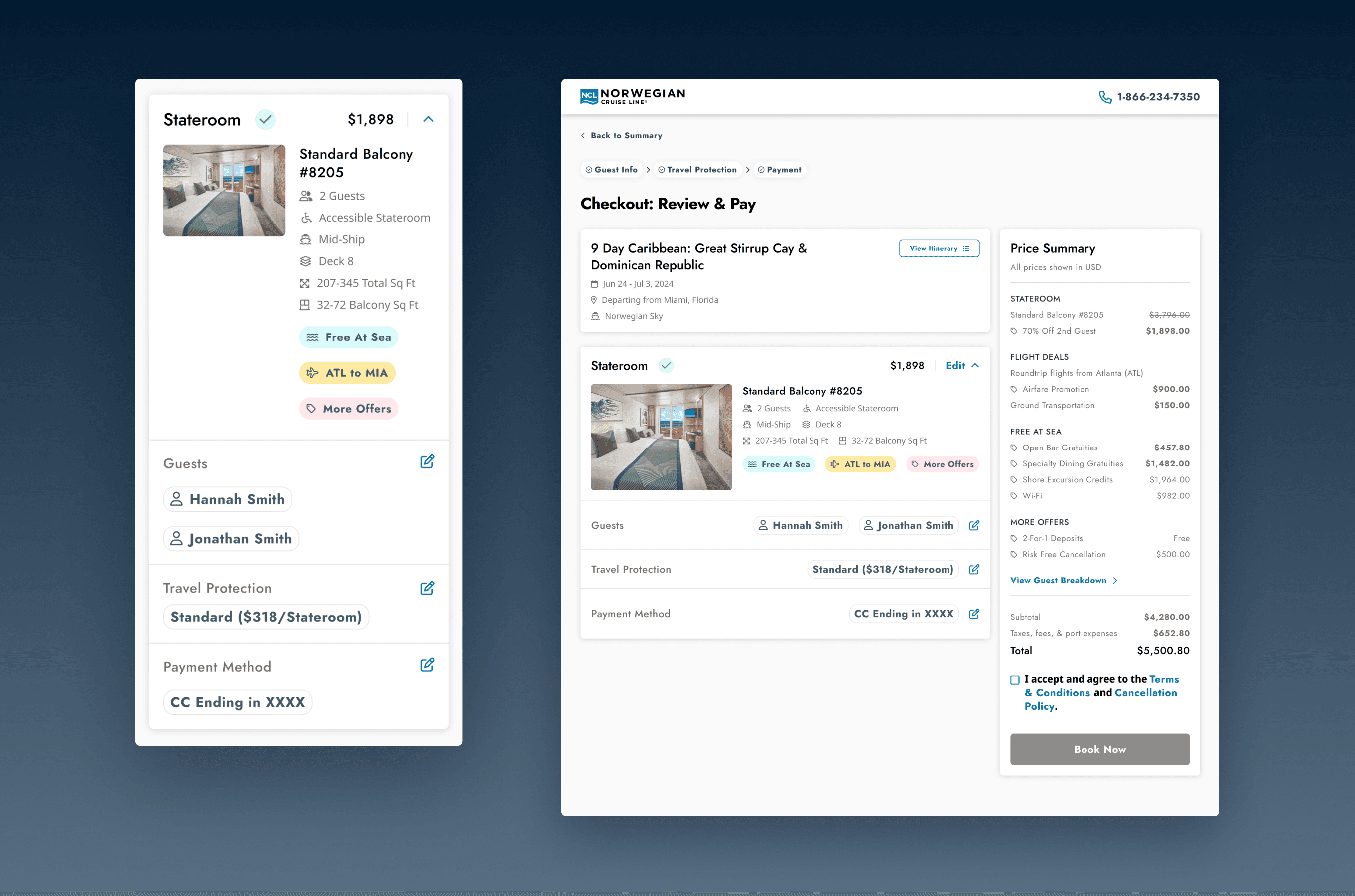 Review & Pay — the accordion surfaces every booking detail before the final action. Guests see exactly what they're getting at every level of the booking.