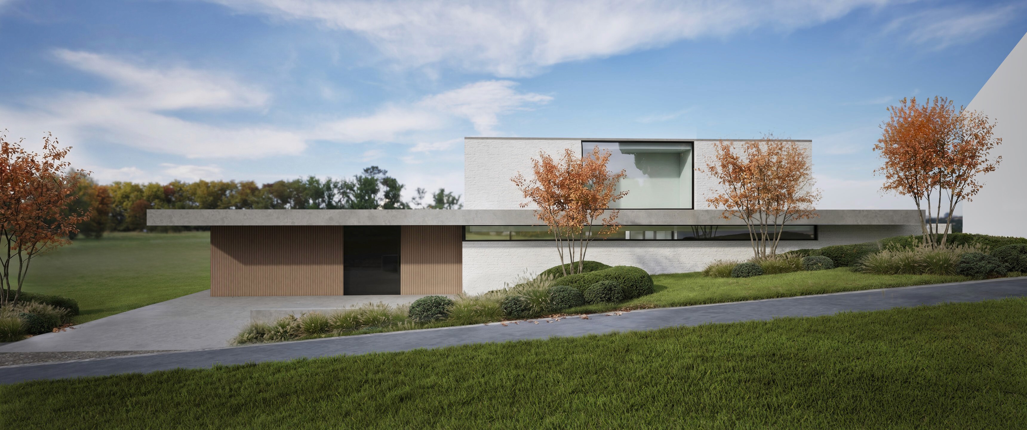 vooraanzicht van de villa met het tuinontwerp in herfstsetting