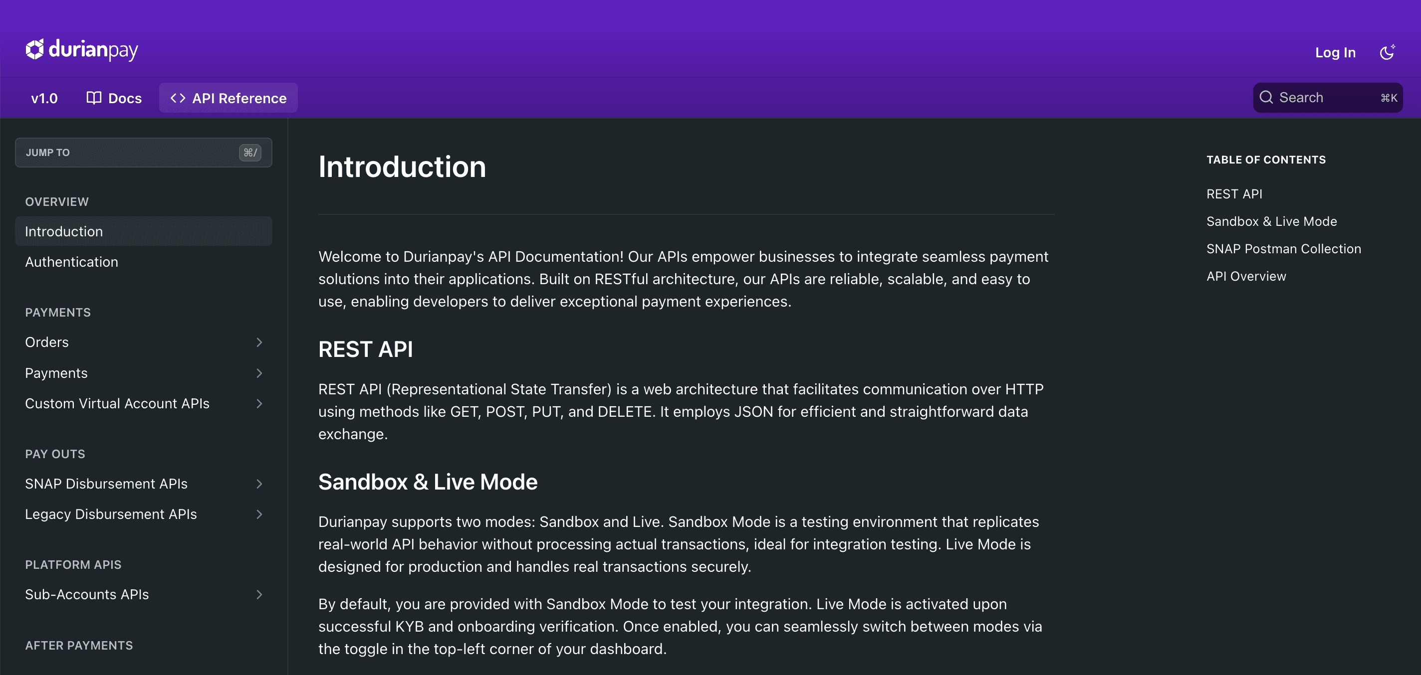 Durianpay developer documentation interface showing API references and integration guides
