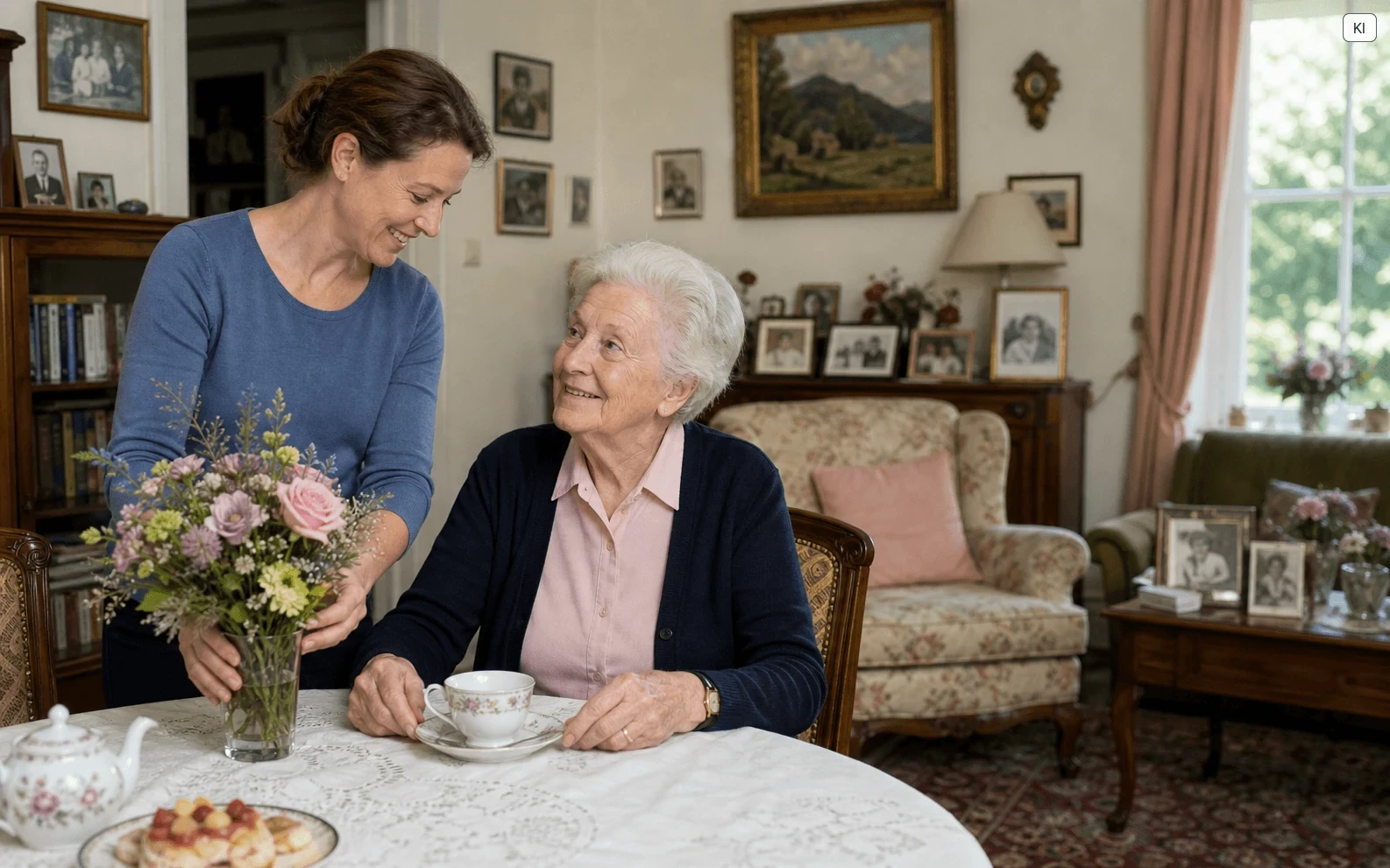 Eine Seniorin und ihre Betreuungskraft gestalten den Alltag im persönlich eingerichteten Wohnzimmer.