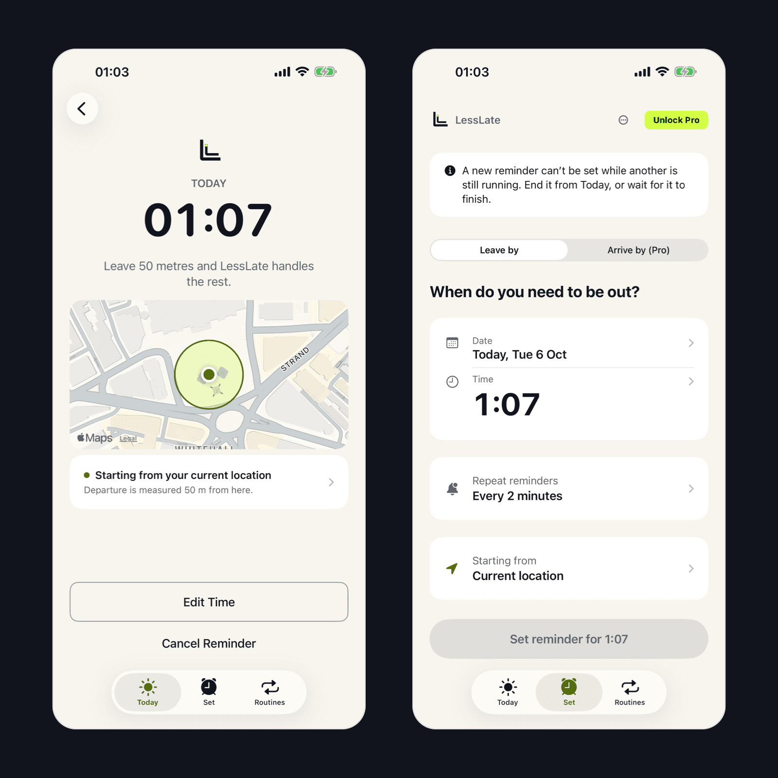 An armed reminder with the leave time and a map of the starting area, beside the Set screen showing that another reminder is still running.