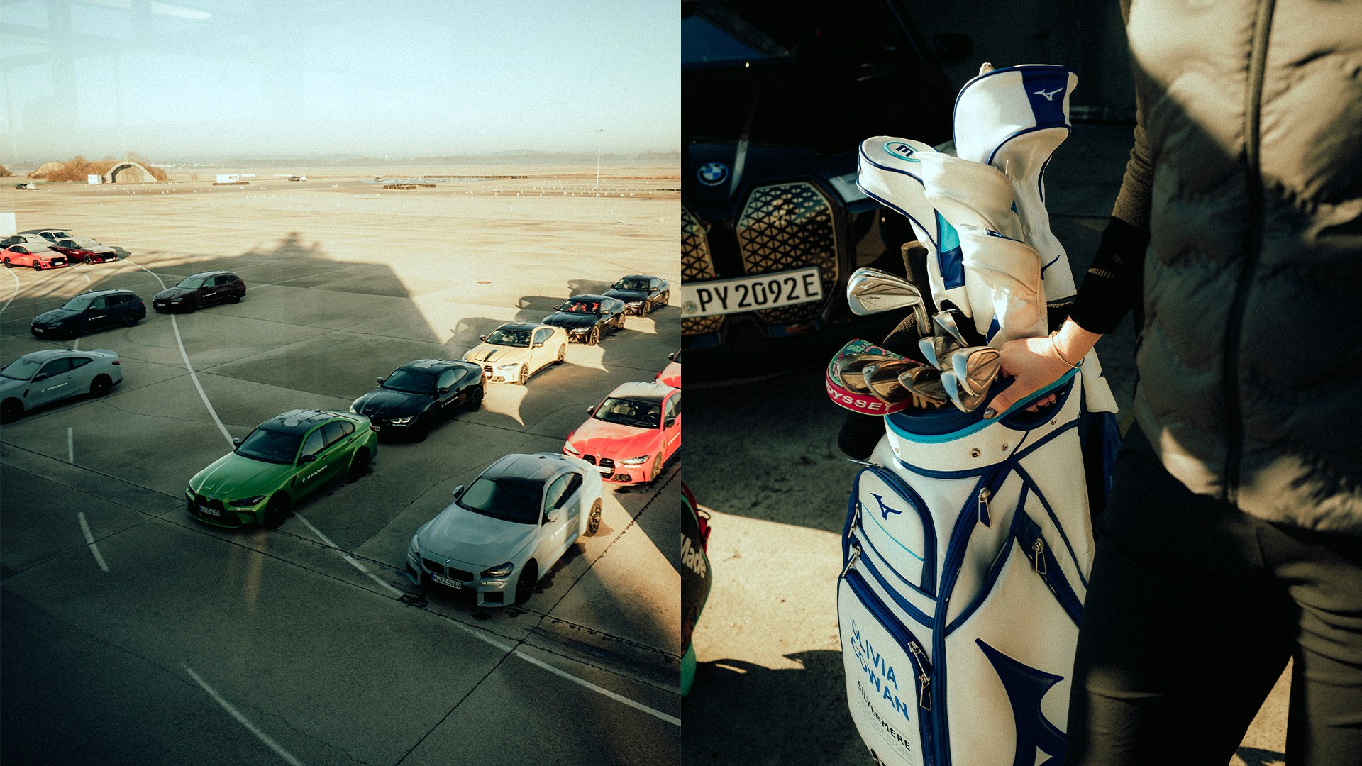 bmw cars on racetrack, electric bmw, golfbag with logo 