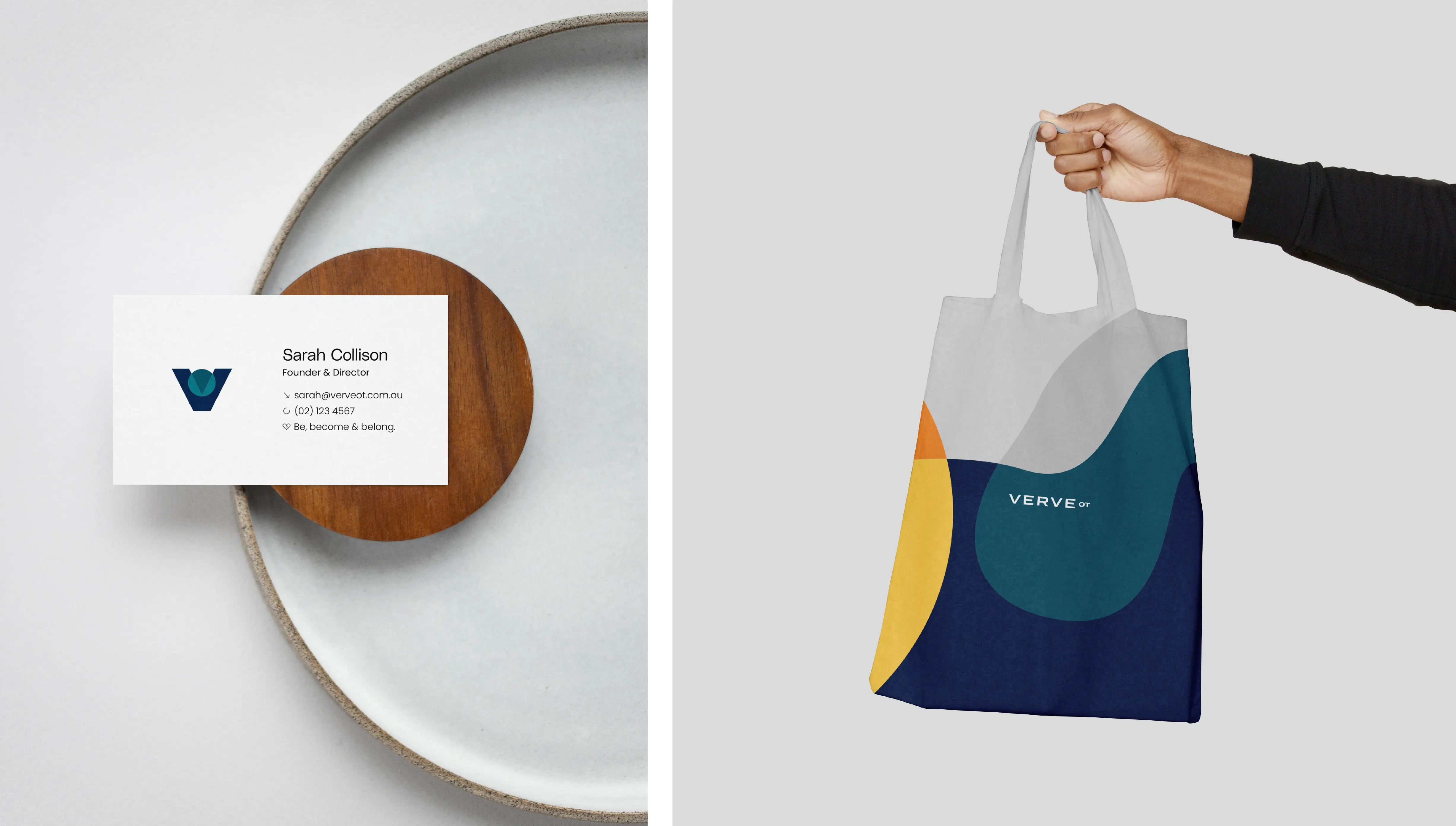 business card and tote bag for verve ot brand