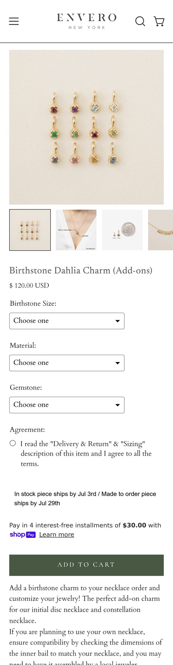 Jewelry product options include: necklace, pendant, birthstone for Birthstone Dahlia Charm (Add-ons) from Envero.