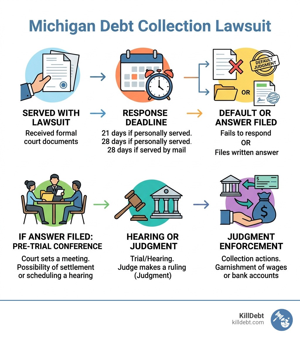 Michigan debt collection lawsuit timeline infographic: served with lawsuit, response deadline, default or answer filed