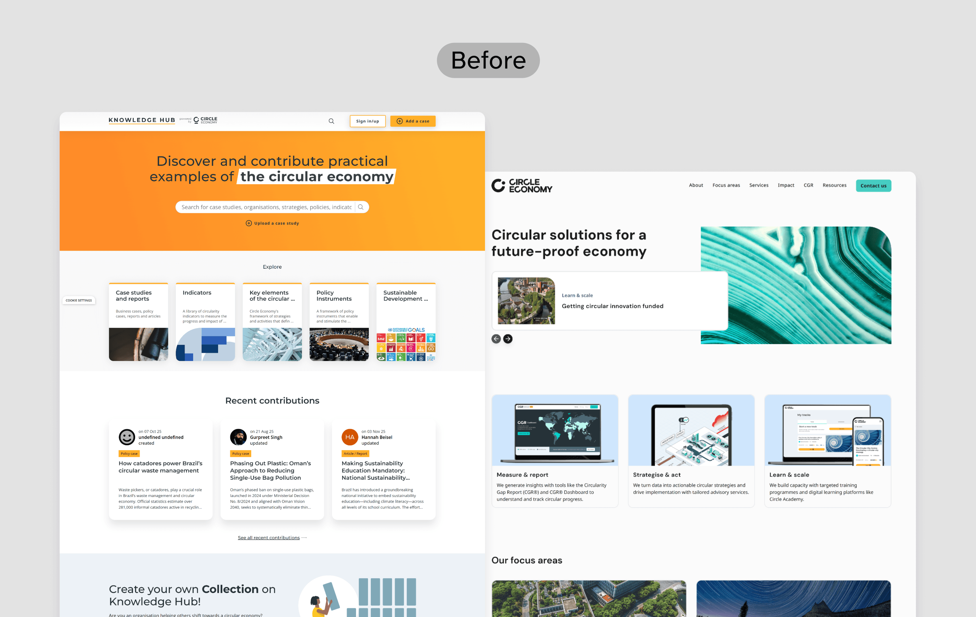 Overview image showing Knowledge Hub as a standalone, uniquely branded platform next to the Circle Economy website.