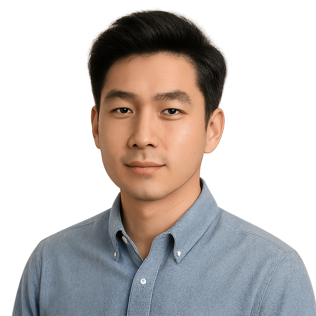 Portrait of a young Asian man wearing a blue button-down shirt, looking directly at the camera with a neutral expression.