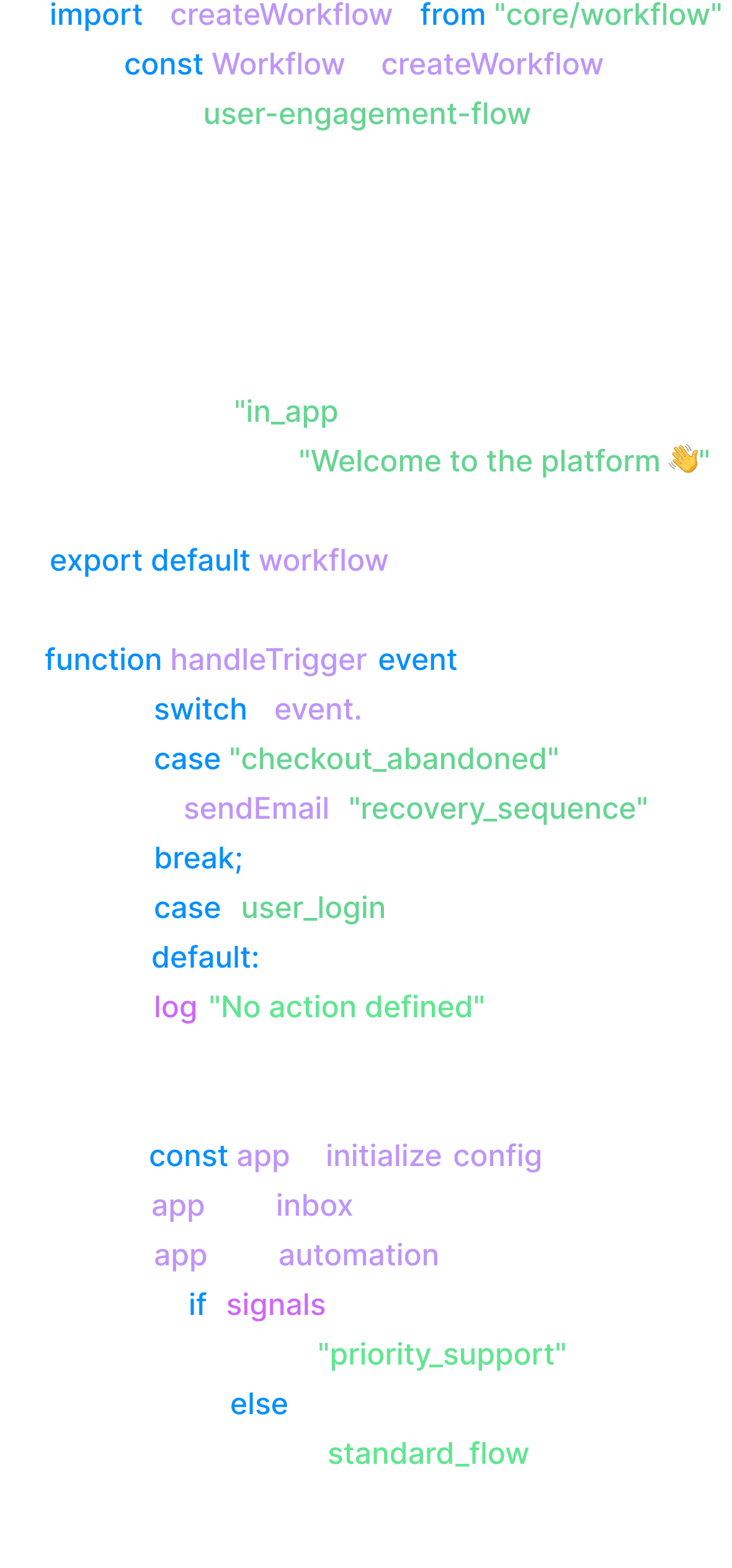 Code snippet for defining a user engagement workflow with event triggers