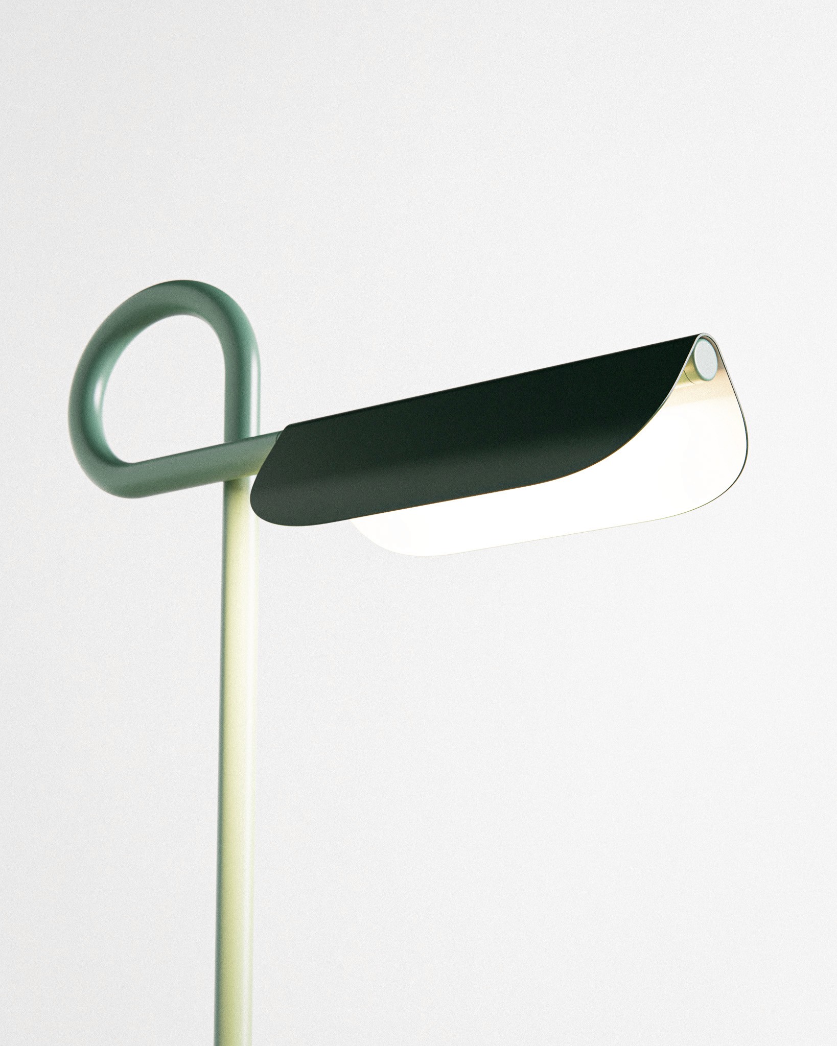 Loops Floor Lamp shade detail illuminated, sage green loop and forest green shade
