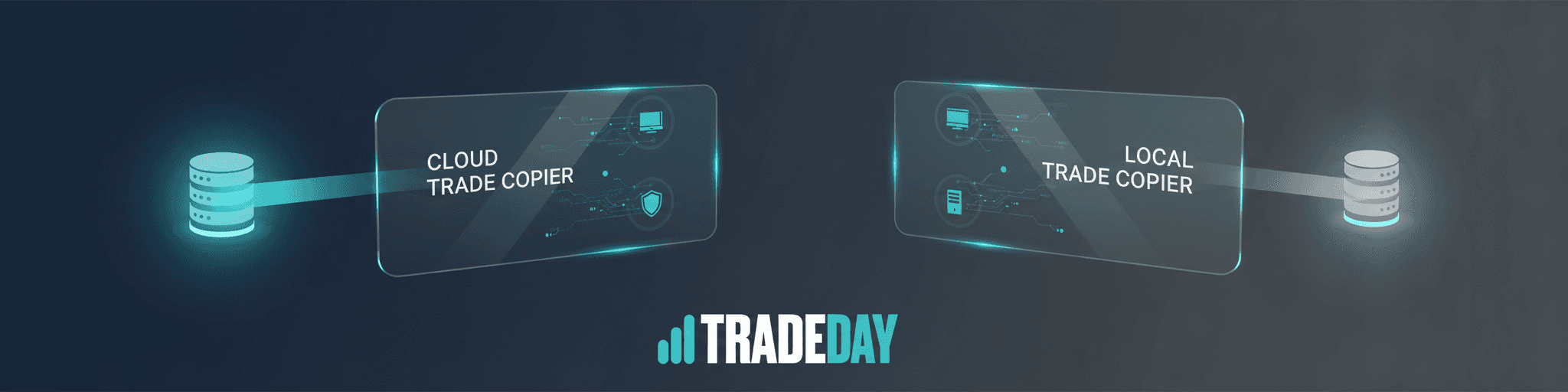 A glassmorphic style visual contrasting the speed and proximity of cloud versus local trade copiers to broker servers