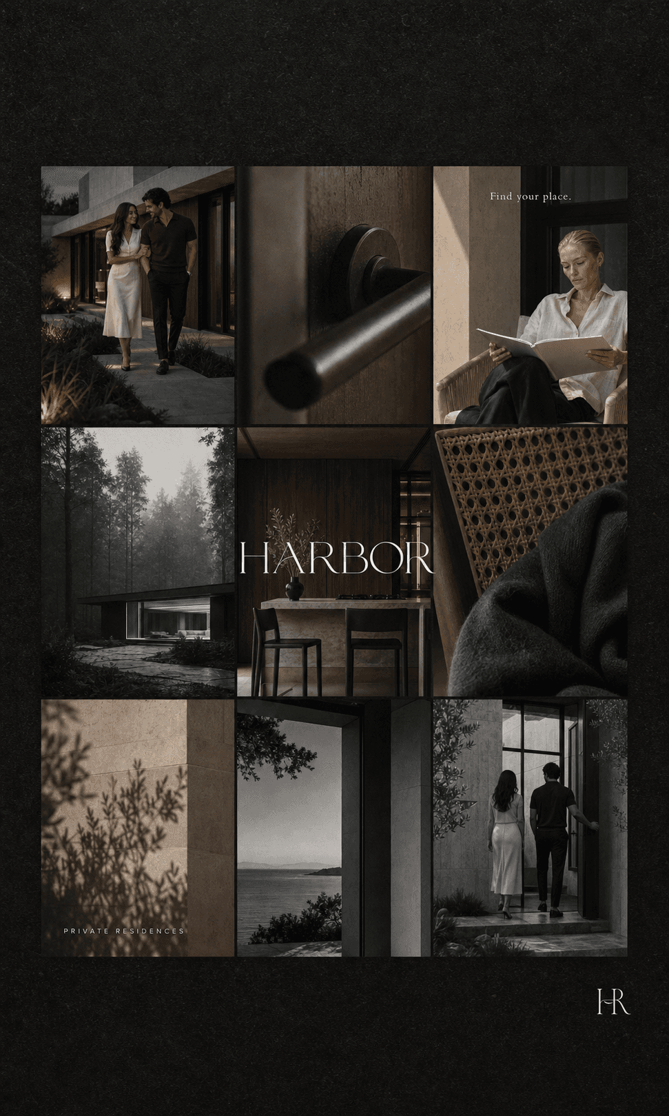 HARBOR social media grid combining contemporary residences, architectural details, coastal landscapes, and quiet lifestyle photography.