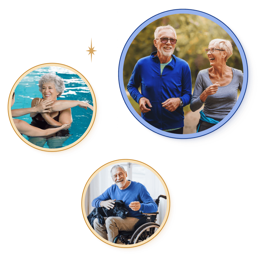 Three circular images: an elderly woman swimming, a couple walking, and an older man in a wheelchair.