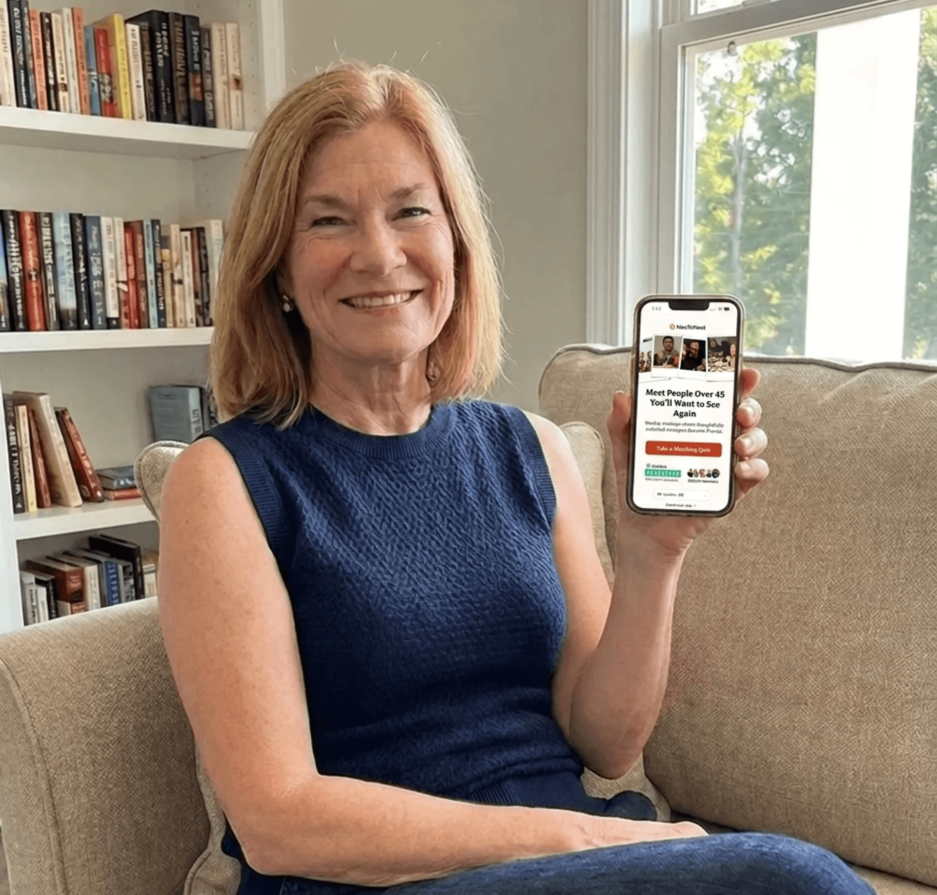 Susan at home, quiz on phone