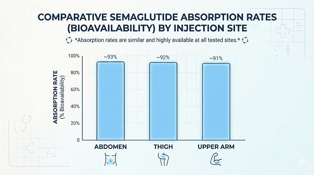 Semaglutide absorption rate comparison chart for abdomen thigh and upper arm injection sites